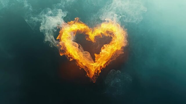 Heart emitting flames and smoke against dark backdrop