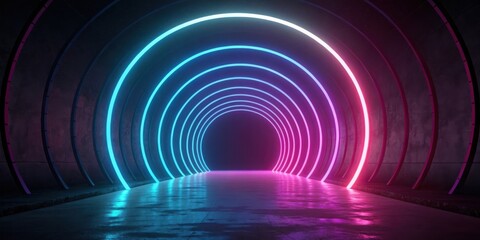 Neon tunnel archway with blue and pink lights isolated on transparent background