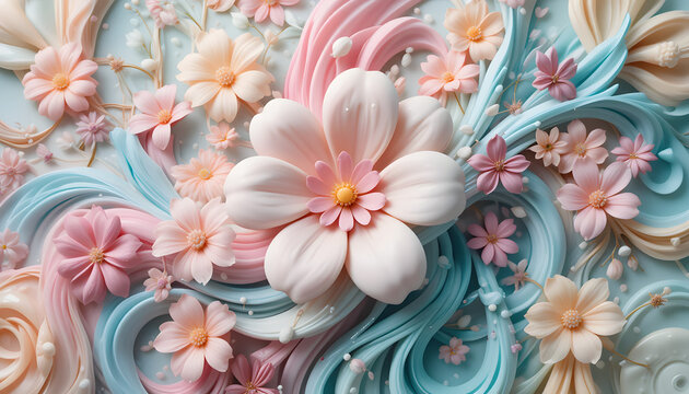 A dreamy 3D abstract floral design resembling candy shapes in soft pastel colors, captured in a high-quality photography imag


200 chartes title and 49 keywords all in one line and comma 

          