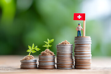 Financial Growth Represented by Coins and Seedlings With a Person Holding a Flag in a Natural Setting