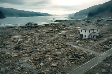 Devastated Coastal Landscape After Tsunami Natural Disaster