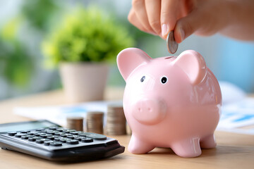 Person Saving Coins in a Pink Piggy Bank While Using a Calculator at a Wooden Desk in a Bright Workspace