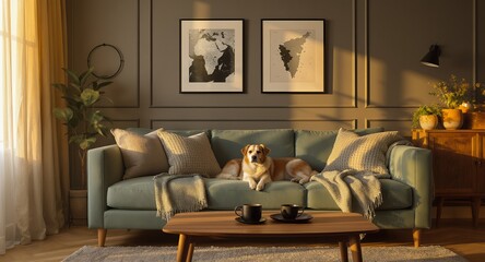 Comfortable Dog Lounging on a Green Sofa in a Warm Sunlit Living Room with Stylish Home Decor