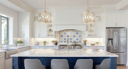 Luxurious Modern Kitchen Interior with Blue Island White Cabinets Marble Countertop and Gold