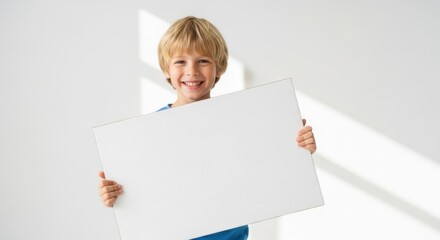 Happy Young Boy Wearing Blue Shirt Holding Blank White Sign in Bright Modern Room
