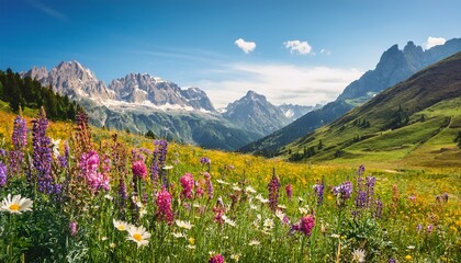 Obraz premium alpine meadows during the summer and capture the vibrant colors of wildflowers against the backdrop of majestic mountains