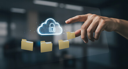 Secure Cloud Data Transfer: A hand interacts with digital files representing the security of online data storage, offering a visual metaphor for secure cloud data transfers.