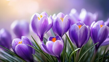 Fototapeta premium delicate crocus flowers in vibrant purple hues with green leaves on a soft background perfect for spring themed designs