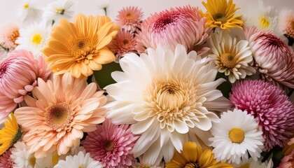 floral wallpaper with realistic colorful daisies and chrysanthemums floral wallpaper background with realistic daisies chrysanthemums in soft beige tone