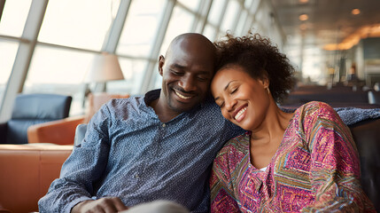 Happy African American Couple Relaxing in Airport Lounge with Flair