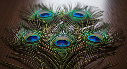Obraz premium A vibrant fan arrangement of five iridescent peacock feathers with blue eye spots displayed on a dark wooden background.