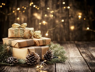 A rustic Christmas scene featuring presents, pine cones, and festive lights