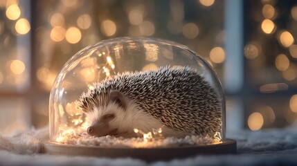 Sleeping Hedgehog Under Glass Dome with Festive Warm Lights