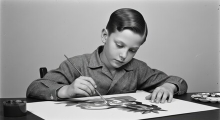 Young Boy Painting Artistic Black and White Portrait in Studio