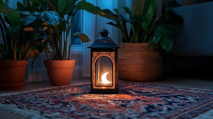 Lantern with Crescent Moon on an Oriental Rug in a Cosy Interior Setting