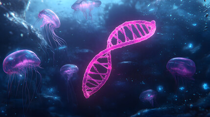 Dna double helix and glowing jellyfish in underwater environment