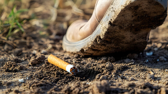 Dirty boot stepping on cigarette butt outdoors