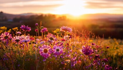 Obraz premium sunset wildflowers delicate pink and yellow wildflowers bathed in the warm golden light of the setting sun creating a serene and picturesque scene