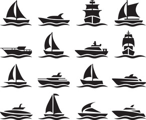 Collection of black silhouette nautical vessels on white background