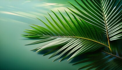 Obraz premium vibrant green tropical palm leaf resting on a smooth surface surrounded by a lush backdrop