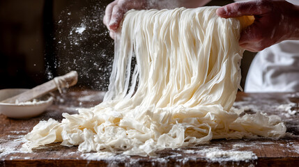 Chef handling freshly made raw noodles