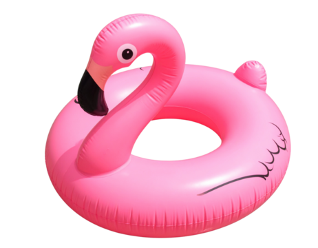  “Giant Pink Inflatable Flamingo Float in Relaxed Poolside Angle, isolated on a transparent background”.