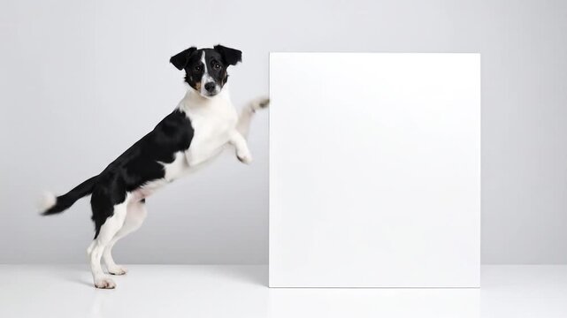 Elegant Jack Russel Terrier with Black Patches Standing Near a Blank White Sign Board on a Light Gray Studio Background