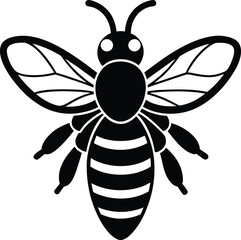 Black and white graphic illustration of a bee with striped abdomen and wings insect