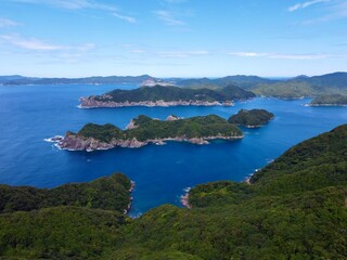 Fototapeta premium Drone aerial view from Yoneyama Observatory on Nakadori Island, Goto Islands, Nagasaki Prefecture, Kyushu, Japan