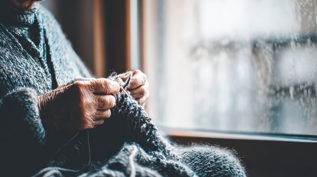 Aged hands carefully knit a cozy garment.