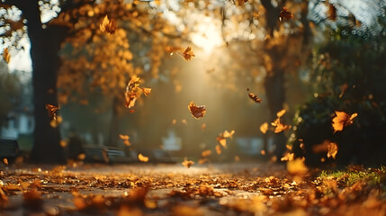 Atmospheric Golden Fallen Leaves in Autumn Park Landscape Scenery. Ai Generated Images