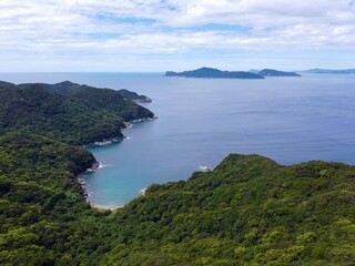 Drone aerial view from Yoneyama Observatory on Nakadori Island, Goto Islands, Nagasaki Prefecture, Kyushu, Japan