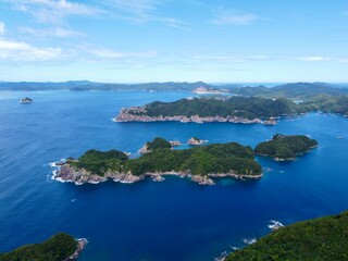 Drone aerial view from Yoneyama Observatory on Nakadori Island, Goto Islands, Nagasaki Prefecture, Kyushu, Japan