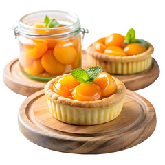 Apricot tarts and jar of apricots isolated on transparent background