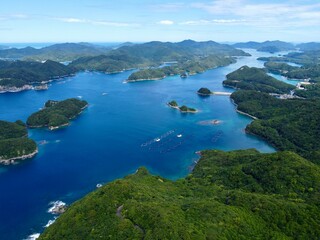 Drone aerial view from Yoneyama Observatory on Nakadori Island, Goto Islands, Nagasaki Prefecture, Kyushu, Japan
