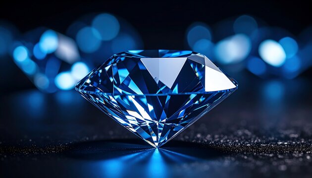 A brilliant-cut blue gemstone rests on a dark surface, illuminated from below, with a blurred background of similar stones