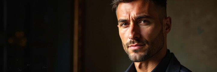 Obraz premium Portrait of brutal man on dark background with dramatic lighting, Panoramic photo with space for personal branding or messages