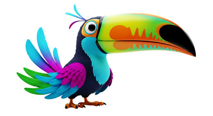 Fototapeta premium Colorful cartoon toucan bird with vibrant plumage and large beak, standing on a white background.