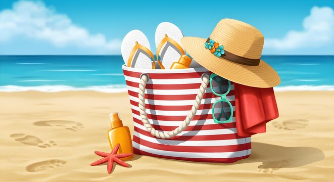 Beach essentials in stylish striped tote for vibrant sunny vacation perfect for summer getaways