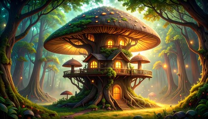 Luminous Mushroom Manor Nestled in a Mystical, Glowing Forest