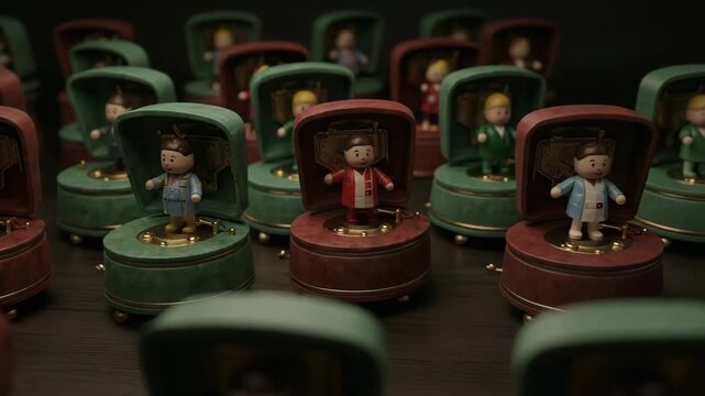 Collection of vintage music boxes featuring whimsical characters arranged on a table in a dimly lit setting