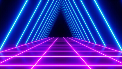Fototapeta premium Neon Lighted Tunnel: An impressive neon lighted tunnel, creating a futuristic perspective with its glowing, vibrant hues of purple and blue, inviting viewers into an enigmatic, high-tech passage.