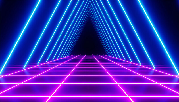 Neon Lighted Tunnel: An impressive neon lighted tunnel, creating a futuristic perspective with its glowing, vibrant hues of purple and blue, inviting viewers into an enigmatic, high-tech passage.