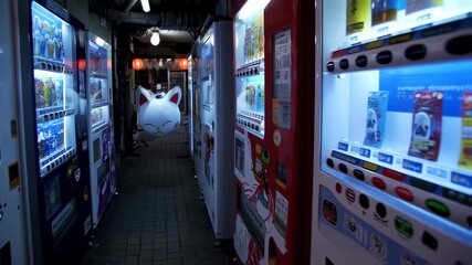 Illuminated alleyway featuring vending machines and a kitsune mask in Japan, urban - Powered by Adobe