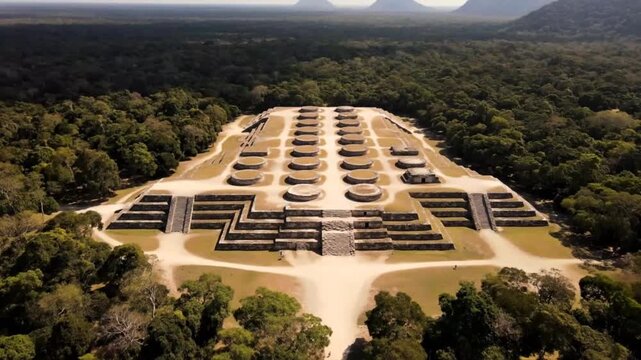 Aerial view of caracol, an ancient maya archaeological site in belize a historic pyramid structure surrounded by lush green forest and jungle
