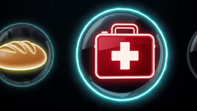 Neon Icons Representing Water Drop Bread Loaf and Medical Kit on Black Background
