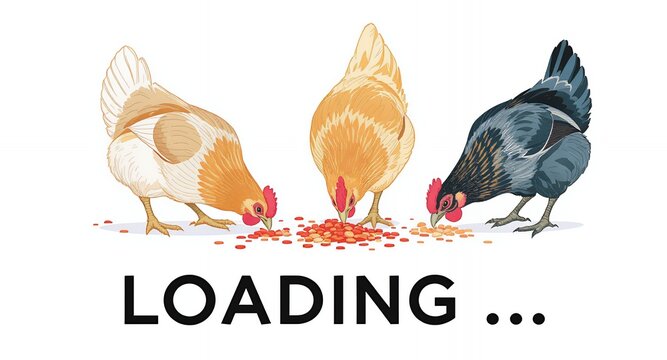 Three Chickens Eating Grain Farm Animal Illustration
