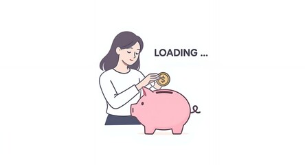 Woman putting coin in piggy bank saving money financial illustration