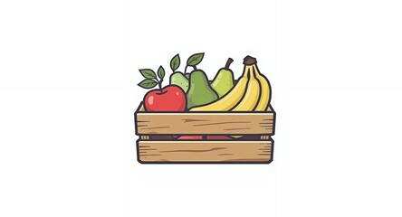 Wooden Crate of Fresh Fruit Apples Pears Bananas Healthy Eating Illustration