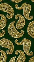 Elegant golden paisley pattern on a dark green background adding a touch of sophistication